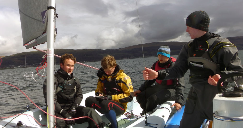 Mid shot of group of sailors on a dinghy