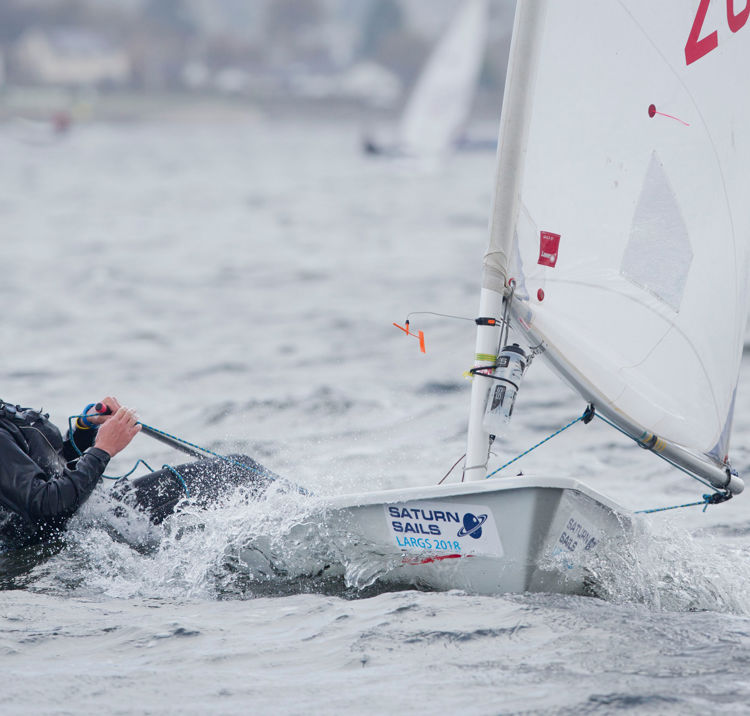 Mid shot of man on dinghy with water splashing